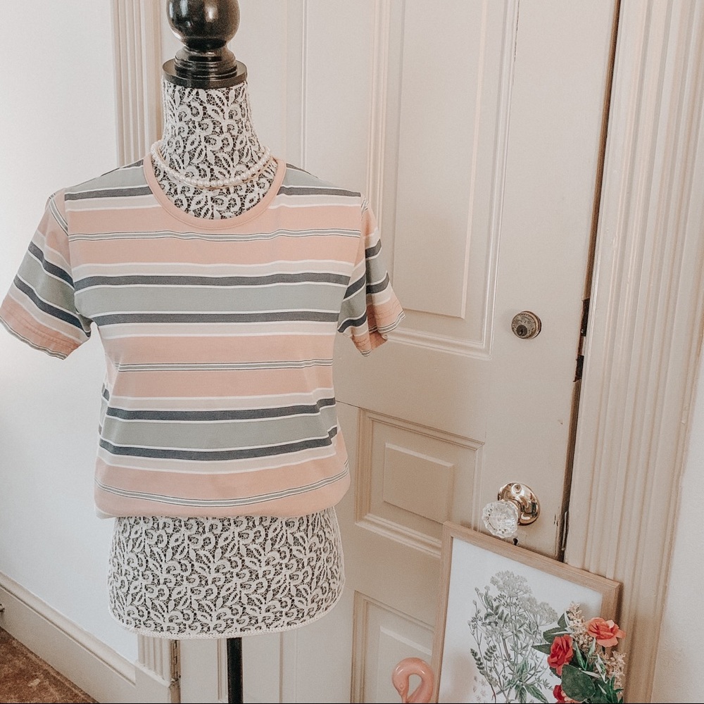 Vintage Boxy Pastel Striped Cotton T-shirt SZ S